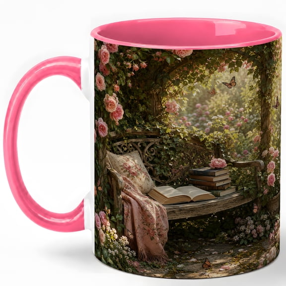 Rose Garden Reading 11oz Ceramic Mug, Floral Book Nook Coffee Cup