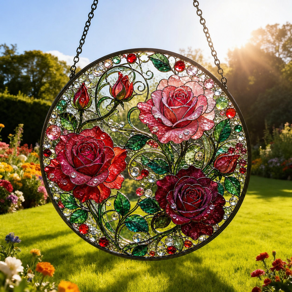 Rose Garden Stained Glass Suncatcher Window Hanging Gift for Mom or Garden Lovers