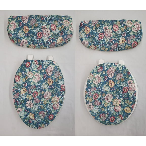 Rose Garden Toilet Seat Lid and Tank Cover Set by Penny's Needful Things (Blue)