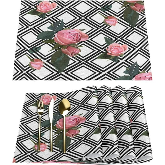 Rose Geometric Placemats Set of 4 Rectangle Table Mats Washable Heat-Resistant Place Mat for Kitchen Dining Table Decor Indoor Outdoor