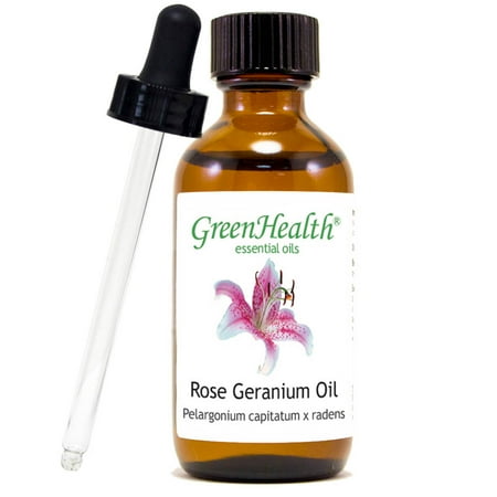 Rose Geranium Essential Oil - 2 fl oz (59 ml) Glass Bottle w/ Cap & Additional Glass Dropper - 100% Pure Essential Oil by GreenHealth