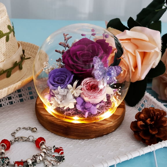 Rose in Glass Present Exquisite Flowers in Glass Dome with LED Light Decorative Light Up Flowers in Glass Red Flowers Inside the Glass Dome for Birthday Mother's Day Anniversary