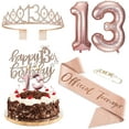 thumbnail image 1 of Rose Gold 13th Birthday Decoration Kit, Including Birthday Sash, Crown, Happy Birthday Letters Balloons, Cake Topper and Candles, 1 of 6