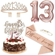 Rose Gold 13th Birthday Decoration Kit, Including Birthday Sash, Crown, Happy Birthday Letters Balloons, Cake Topper and Candles