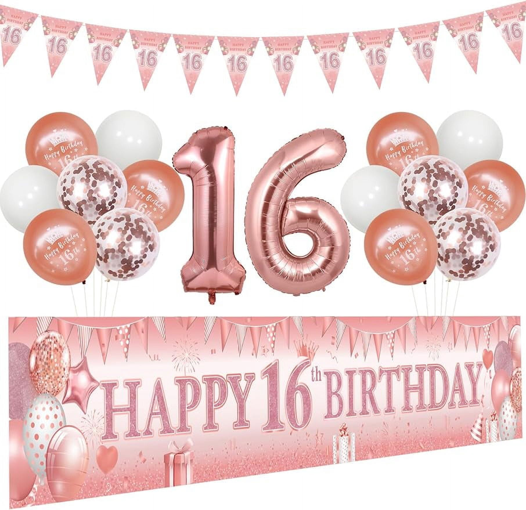 Rose Gold 16th Birthday Decorations Girl, sweet 16 Birthday Yard Sign Banner, Triangle Flags and Latex Printed Confetti Balloons, 16 Years Old Sixteen Birthday Party House Garden Supplies