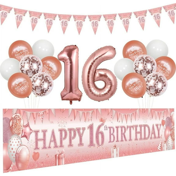 Rose Gold 16th Birthday Decorations Girl, sweet 16 Birthday Yard Sign Banner, Triangle Flags and Latex Printed Confetti Balloons, 16 Years Old Sixteen Birthday Party House Garden Supplies
