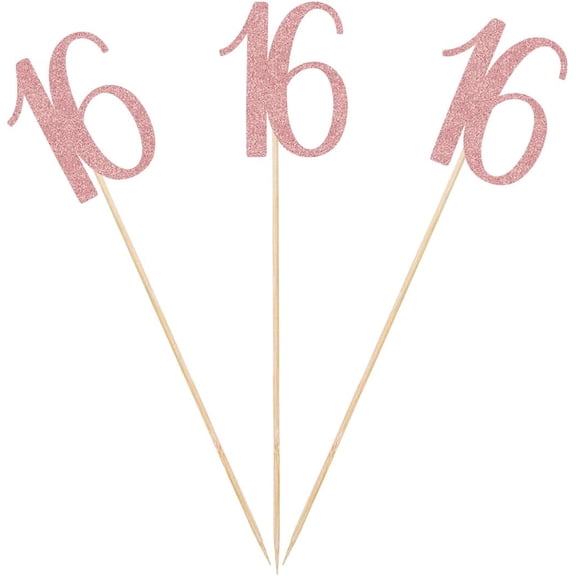 Rose Gold 16th Glitter Birthday Centerpiece Sticks, 12-Pack Number 16 Table Topper Anniversary Party Decorations