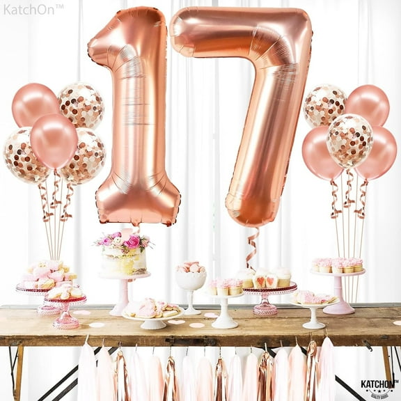 Rose Gold 17 Balloon Numbers Set - Big 32 Inch | Rose Gold 17 Balloons with Confetti Balloons | 17th Birthday Decorations for Girls | Number Balloons for Happy Anniversary Decorations Supplies