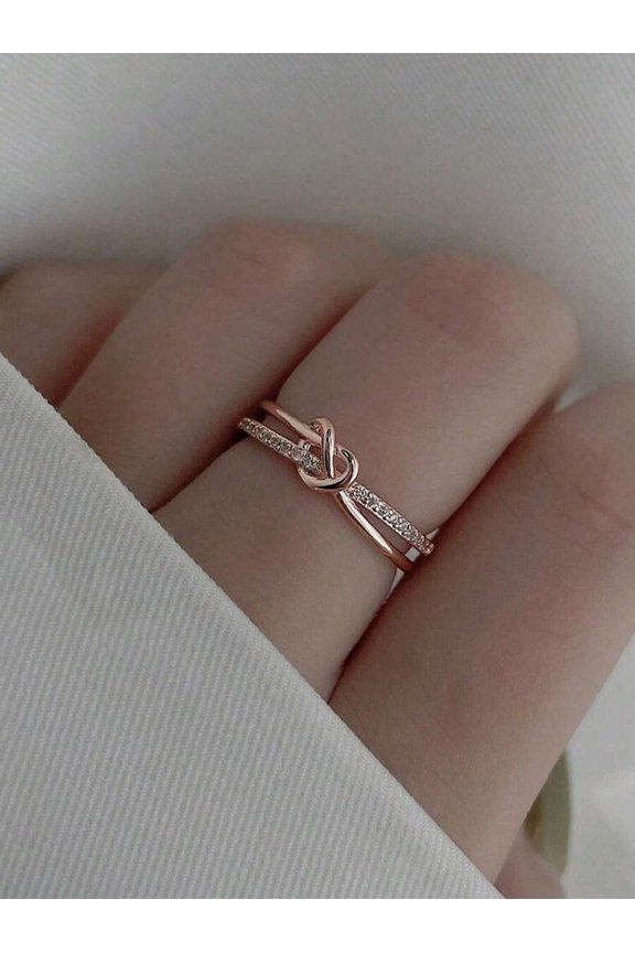 Rose Gold-2 Knot Design Rhinestone Open Cuff Ring For Women