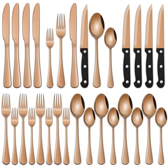 Rose Gold 24 PCS Flatware Sets With Steak Knives Service For 4 Person,Copper Eating Untensils Set For Kitchen,Silverware Set Includes Knife Spoon And Fork Set