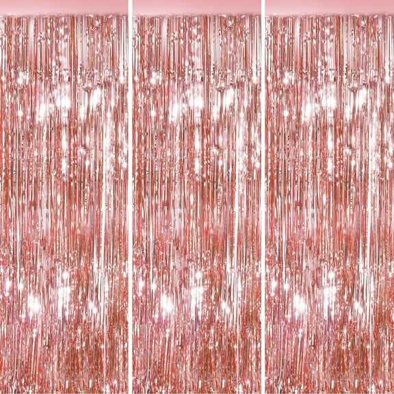 Rose Gold 3 Pack Metallic Tinsel Foil Fringe Curtains, 3.3x6.6 Feet Backdrop for Party, Door Streamers Party Decorations, Party Streamers for Birthday Christmas Party Decorations