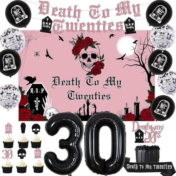 Rose Gold 30 Birthday Party Decorations, Death to My 20s Birthday Decorations with Backdrop, Death Rip to My 20s Balloons Black Number 30 Foil Balloon, Banner Sash Cupcake Cake Toppers