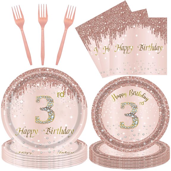 Rose Gold 3rd Birthday Tableware Set for Girls - 96 Pcs Disposable Party Supplies Includes Dinner Plates, Napkins & Forks, 3 Year Old Birthday Decorations (Serves 24 Guests) VT1