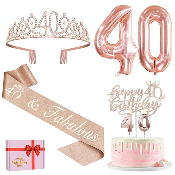 Rose Gold 40th Birthday Party Decorations Women, Complete Set with Sash Crown Cake Topper Number Balloons Candles, 40 Year Old Gifts for Her, Glittery Theme