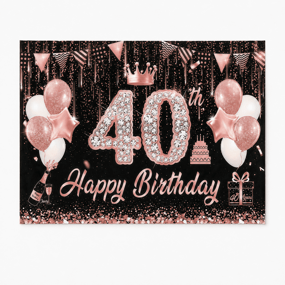 Rose Gold 40th Happy Birthday Crown Backdrop, 210 x 150 cm