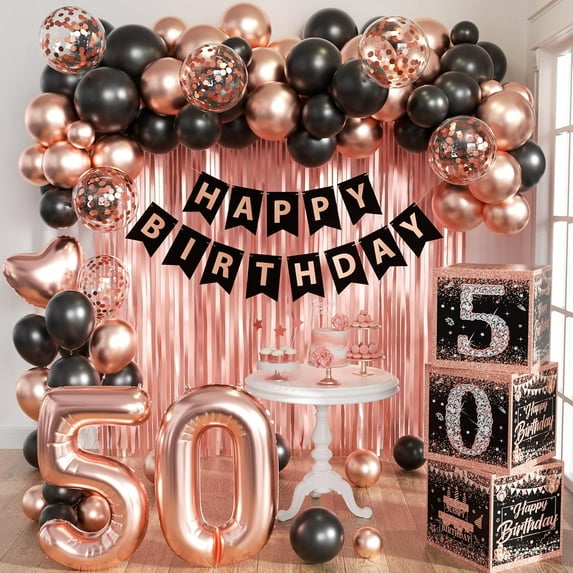 Rose Gold 50th birthday decorations Kit for Women,birthday Decorations for Women Girls black and pink Balloon Boxes Birthday Party Favors