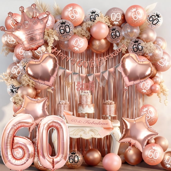 Rose Gold 60th Birthday Decoration for Women, Happy 60th Birthday Banner, Triangle Flag Banner, Number 60 Balloons, Foil Curtains for Party Decorations