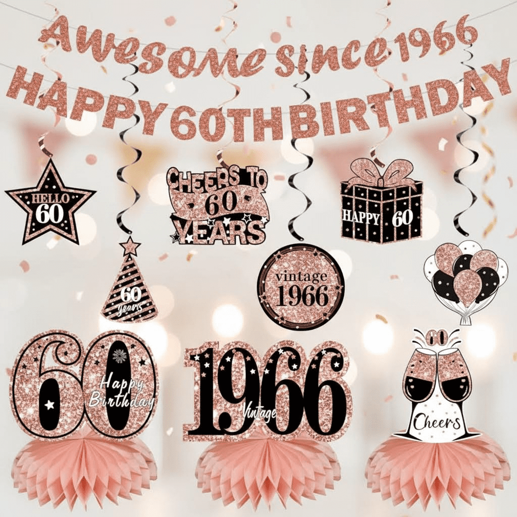Rose Gold 60th Birthday Decorations Kit for Women, Includes Happy ...