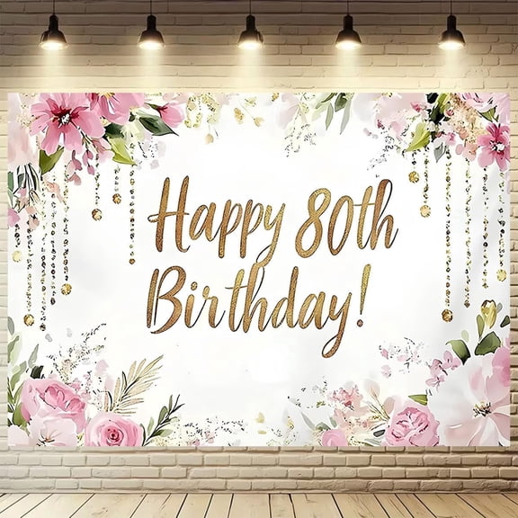 Rose Gold 80th Birthday Backdrop Pink Floral Green Leaf Golden Beaded Chain Tassel Birthday Background Women Couple 80th Anniversary Party Decorations Cake Table Banner Photo Shoot Props