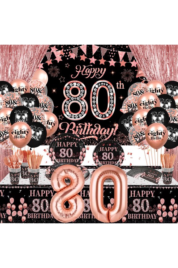 Rose Gold 80th Birthday Decorations 152 PCS Party Supplies for Women Men - Happy Birthday Banner, Balloons, Napkins, Cups, Tablecloth, Plates, Foil Backdrops Y101