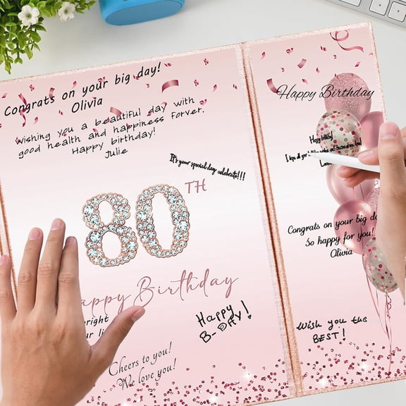 Rose Gold 80th Birthday Party Decorations, Happy 80th Birthday Alternative Signature Guest Book for Women Pink Cheers to 80 Years Old Gifts 80 Birthday Signing Card Board Party Supplies