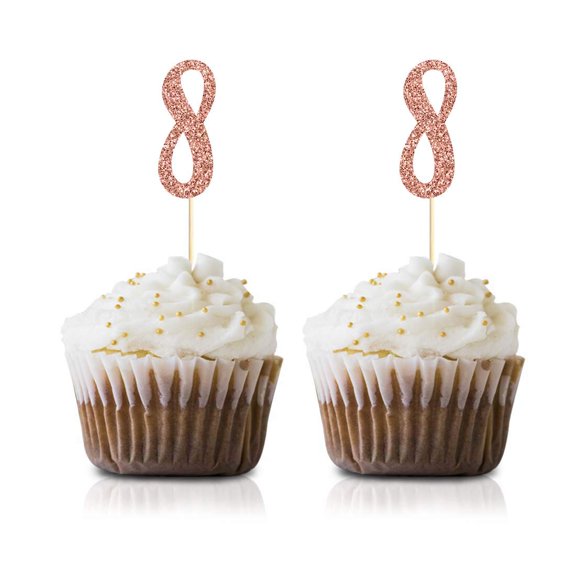 Rose Gold 8th Birthday Cupcake Topper, 12-Pack Number 8 Glitter Happy Birthday Party Cupcake Toppers, Decorations