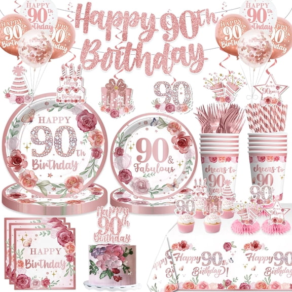 Rose Gold 90th Birthday Decorations for Women, Disposable Plates and Party Supplies Set, Serves 25 Guests
