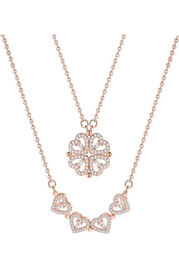 Rose Gold 925 Sterling Silver Necklace, Four Leaf Clover Chain for Women, Heart Lucky Love Crystal Pendant