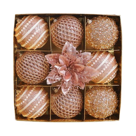 Rose Gold 9Pcs Christmas Ornament Set With Decorative Flower Hanging Ball For Christmas Tree Window Ceiling Holiday Decor Plastic Shatterproof Light Reflective Design For Home Party Gift R