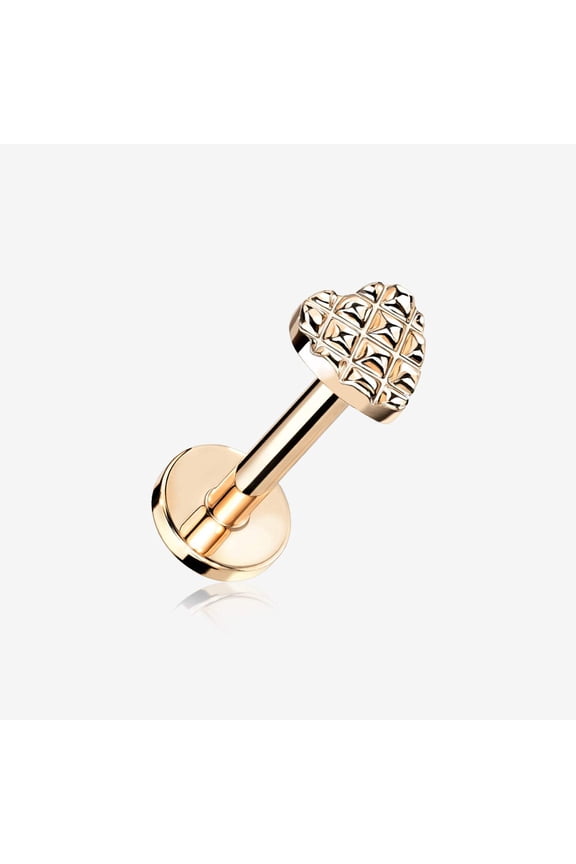 Rose Gold Adorable Heart Embossed Top Internally Threaded Steel Flat Back Stud Labret