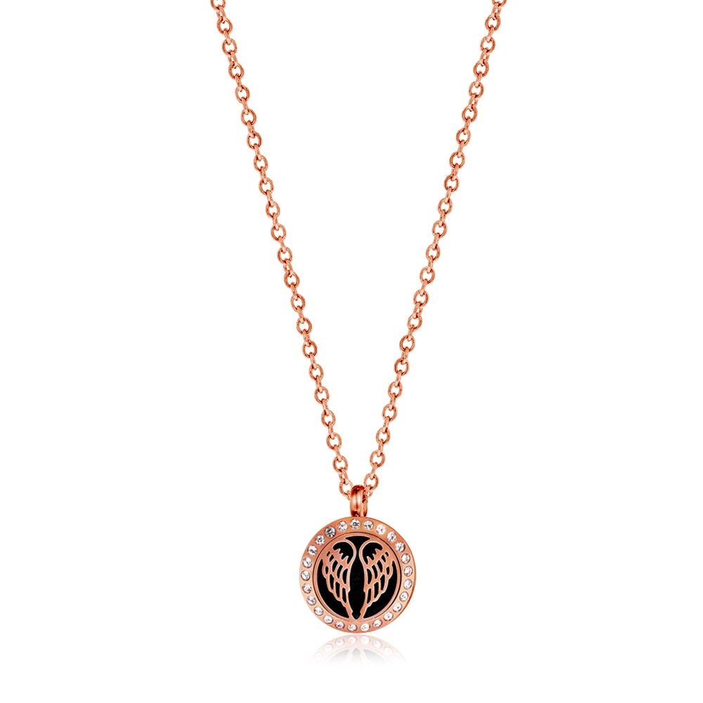 Rose Gold Angel Wing Rhinestone Aromatherapy Necklace Essential Oil Diffuser Necklace Jewelry Stainless Steel Pendant with Gift Box