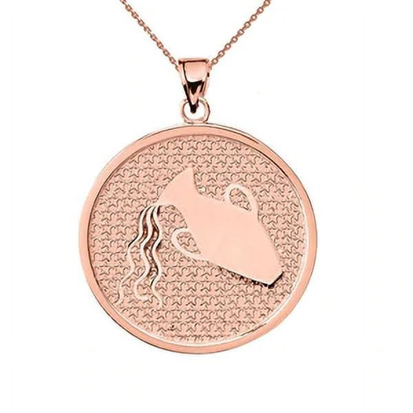 Rose Gold Aquarius Zodiac Disc Pendant Necklace