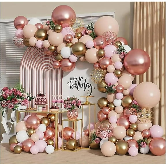 Rose Gold Balloon Garland Kit, Nude Pastel Pink Metallic Gold Matte White Balloons Gold and Rose Gold Confetti Balloons for Wedding Bridal Shower Princess Party Girl Birthday Decorations