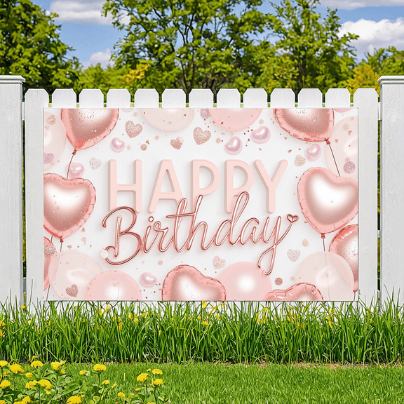Rose Gold Balloons Birthday Banner Glitter Heart Decoration Birthday Party Backdrop for Indoor Celebration Kids Event