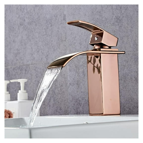 Rose Gold Bathroom Fauce Solid Brass Bathroom Basin Faucet Cold And Hot Waterfall Mixer Sink Tap Single Handle Deck Mounted Tap ,Easy to Operate