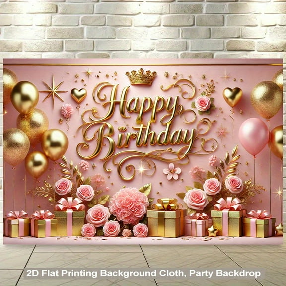 Rose Gold Birthday Backdrop Pink Floral Golden Balloons Happy Birthday Photography Background Royal Crown Birthday Party Decorations Banner Supplies Photo Booth Props