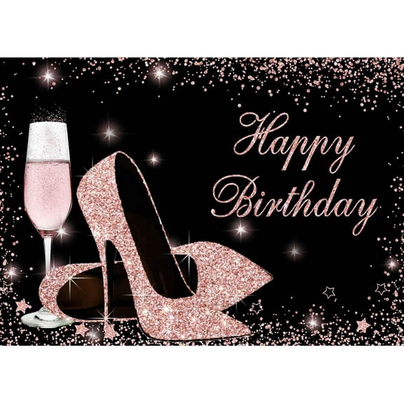 Rose Gold Birthday Backdrop Sequin High Heels Glass Photography Background for Adult Women Birthday Party Decorations Banner Photo Booth Backdrops