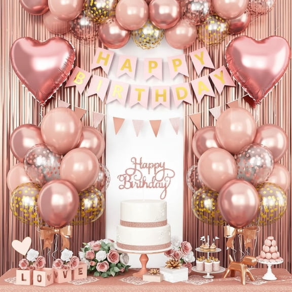 Rose Gold Birthday Decorations Kit for Women & Girls, with Balloons, Banner, Fringe Curtain, Cake Topper & Confetti for Princess Themed Parties