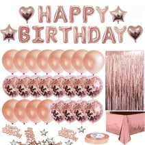 Rose Gold Birthday Party Decoration Set, Happy Birthday Banner, Fringe Curtain, Foil Tablecloth, Confetti Balloons, Rose Gold Ribbon, Birthday Supplies for Girls Women