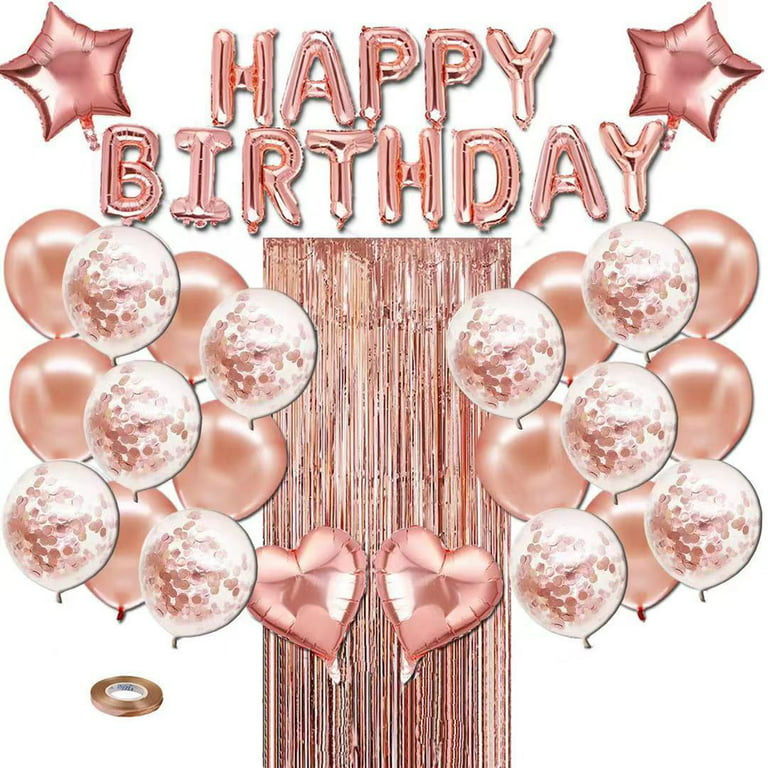 Rose Gold Birthday Party Decoration, Happy Birthday Banner, Rose Gold  Fringe Curtain, Foil Tablecloth, Heart Star Foil Confetti Balloons, Table  Confetti for Women Girl Birthday Party 