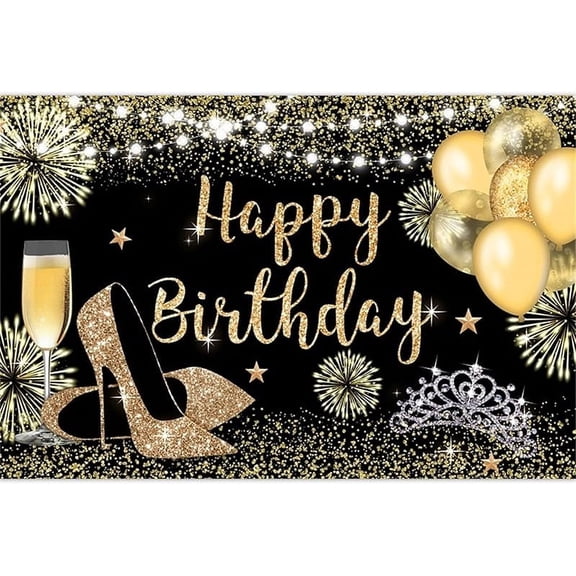 Rose Gold Birthday Photo Backdrop Cloth for Women 7X5 FT Pink Gold Balloon Happy Birthday Banner Decorations,Black Pink Birthday Party Photography Background(Polyester)