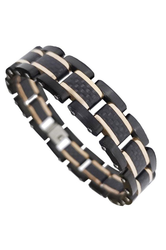 Rose Gold Black Carbon Fiber Bracelet Mens Stainless Steel Cuff