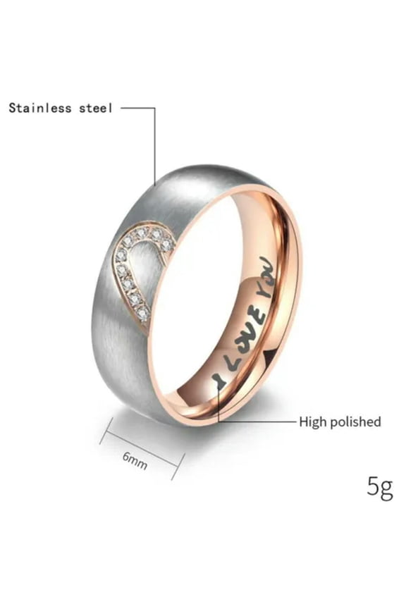 Rose Gold/Black Heart CZ Stainless Steel Silver 'I LOVE YOU' Couple Ring Sz 5-12