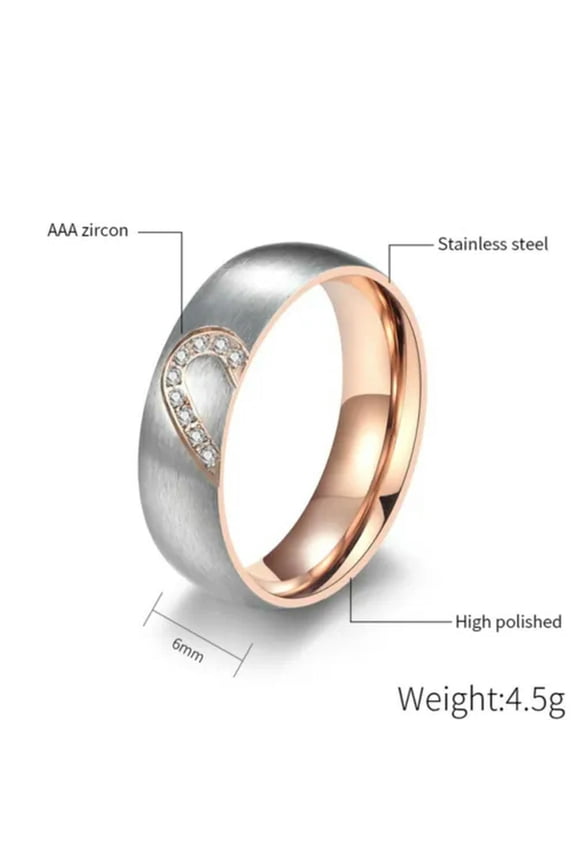 Rose Gold/Black Love Heart CZ Stainless Steel Silver Brushed Couple Ring Sz 4-12