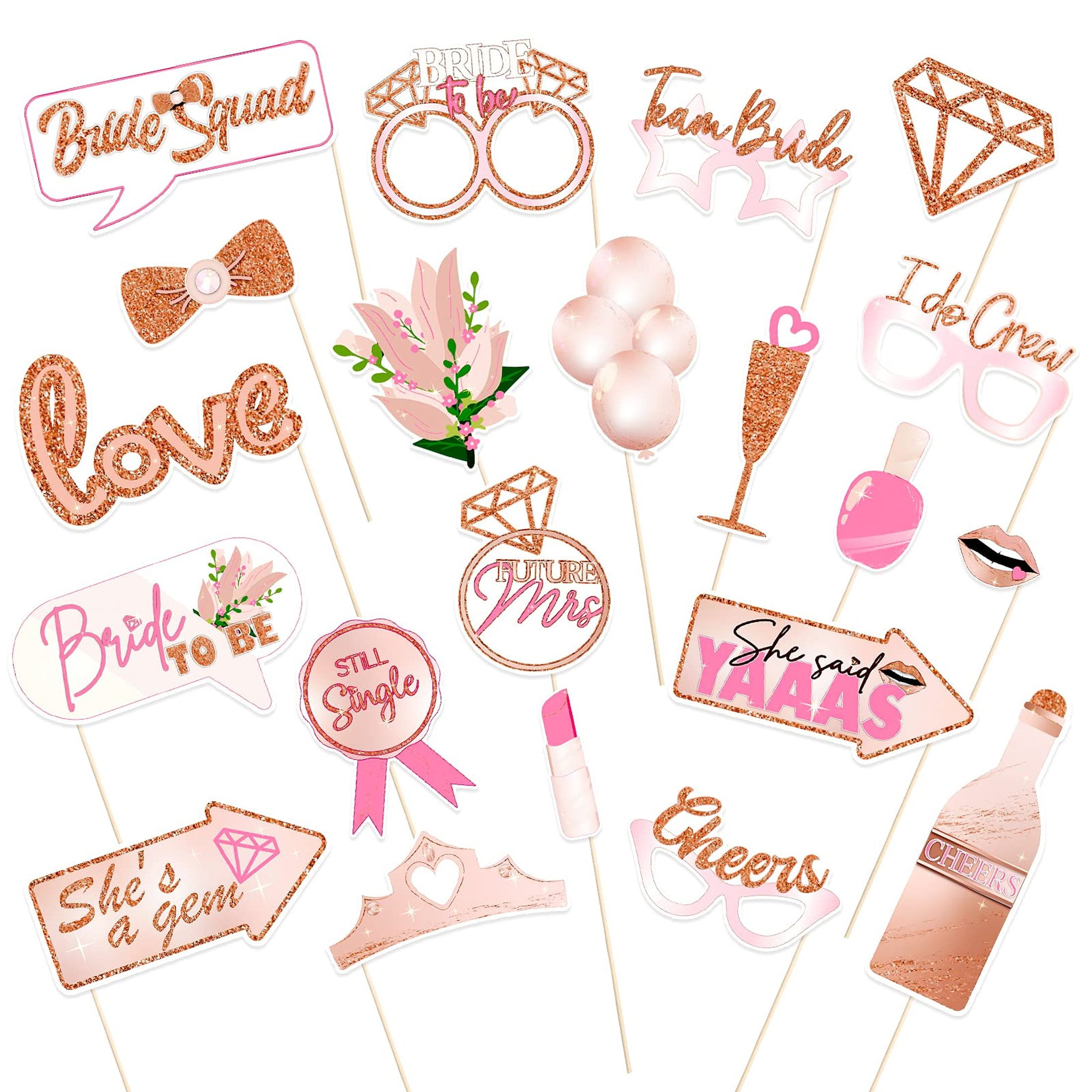 Rose Gold Bridal Shower Photo Booth Props Kit - 21 Fun Selfie