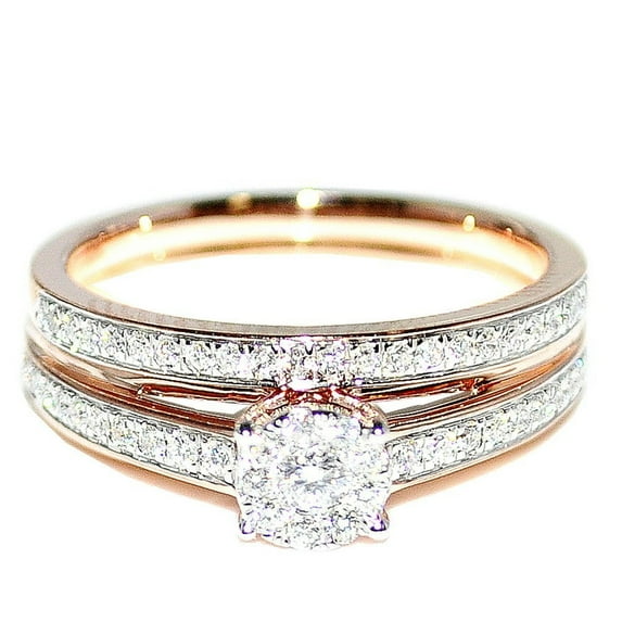 Rose Gold Bridal Wedding Rings Set 10K 0.4cttw w Diamond Solitaire Style 6.4mm wide