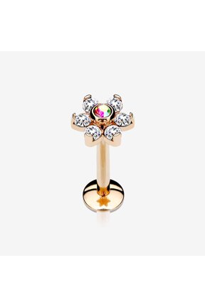 Rose Gold Brilliant Sparkle Flower Top Internally Threaded Steel Labret