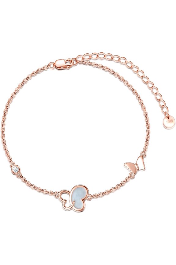 Rose Gold Butterfly Bracelet Anklet Created Pearl Shell, 14k Rose Gold Plated 925 Sterling Sliver Butterfly Bracelet for Women