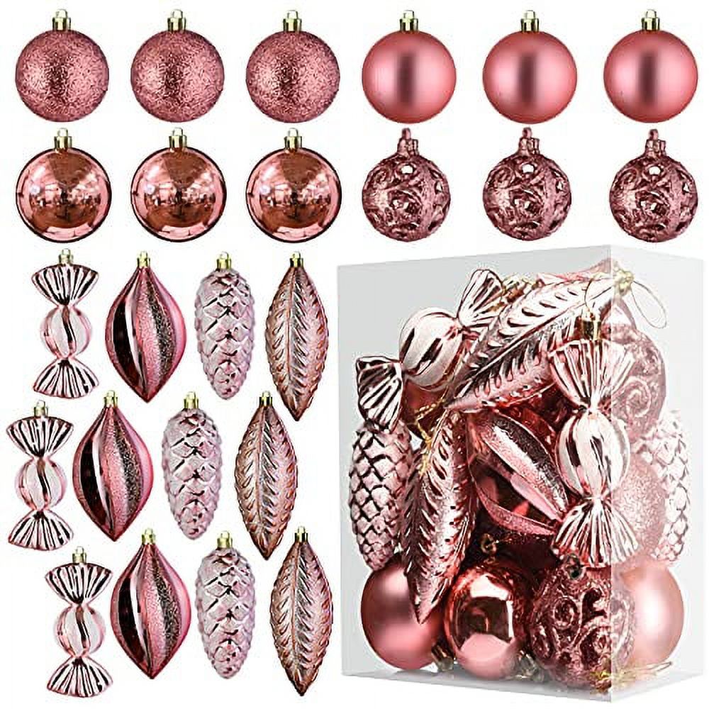 Rose Gold Christmas Ball Ornaments for Christmas Decorations - 24 Pieces Xmas Tree Shatterproof Ornaments with Hanging Loop for Holiday and Party Decoration (Combo of 8 Ball and Shaped Styles) - image 1 of 7