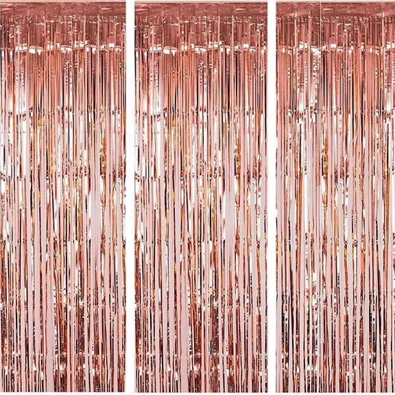 Rose Gold Christmas Foil Fringe Curtains Christmas Party Decoration, 3 Pcs 3.3ft x6.6ft Photo Booth Backdrop, Streamers Backdrop for Bachelorette Graduation Wedding Birthday